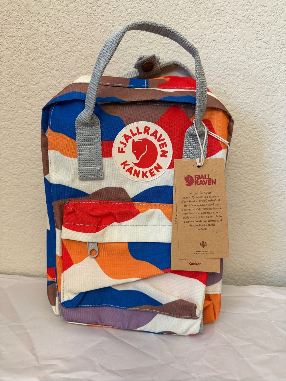 Fjallraven Kanken Kids Mini Backpack in Blue-Red, Orange, Brown-Cream Colorblock